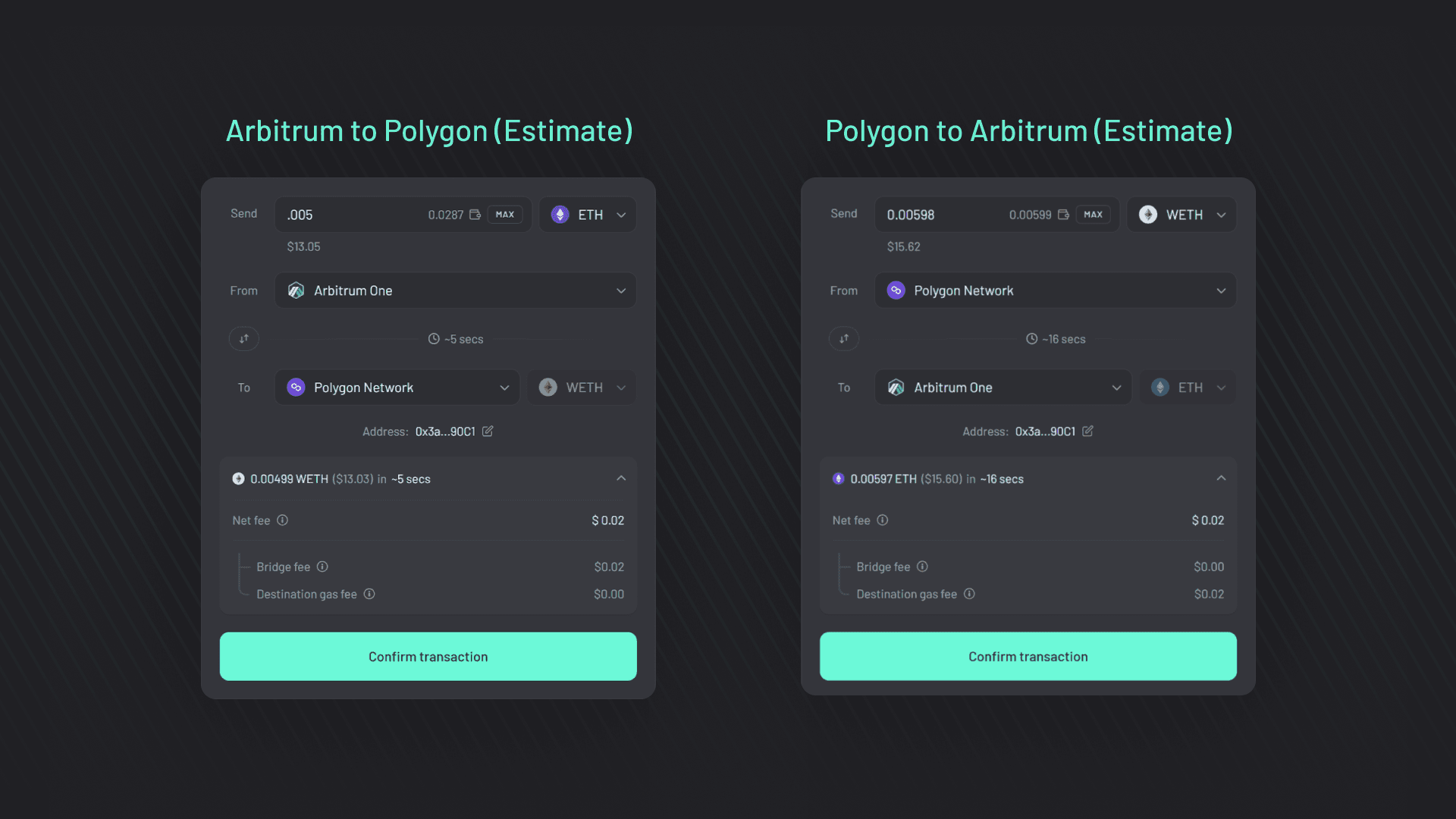 Arbitrum vs Polygon (Graphic 1) Fill time and fee estimates for bridging from Arbitrum to Polygon and vice versa.